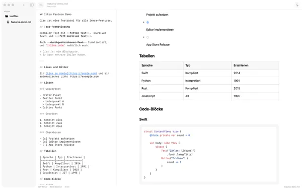Inkra Hauptansicht — Editor mit Syntaxhervorhebung, Dateibaum und Live-Vorschau mit KaTeX und Mermaid Inkra Hauptansicht — Editor mit Syntaxhervorhebung, Dateibaum und Live-Vorschau mit KaTeX und Mermaid